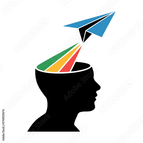 human head silhouette with colorful paper airplane launching from mind, symbolizing creativity and free thinking