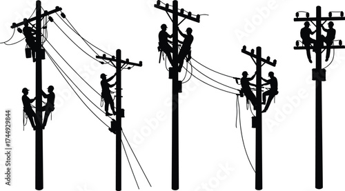 Silhouette of electrical line workers repairing power lines on utility poles, teamwork of electricians, safety maintenance, industrial vector illustration