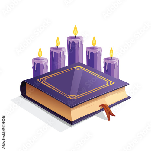 Magic book flanked by burning candles