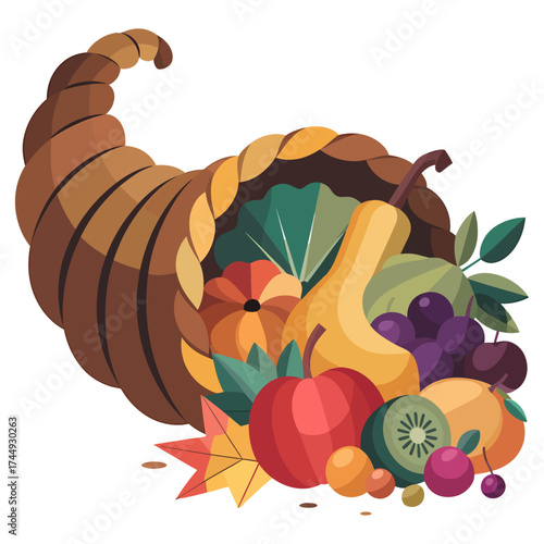 cornucopia overflowing with fruits and vegetables illustration symbolizing autumn harvest abundance and thanksgiving celebration vector
