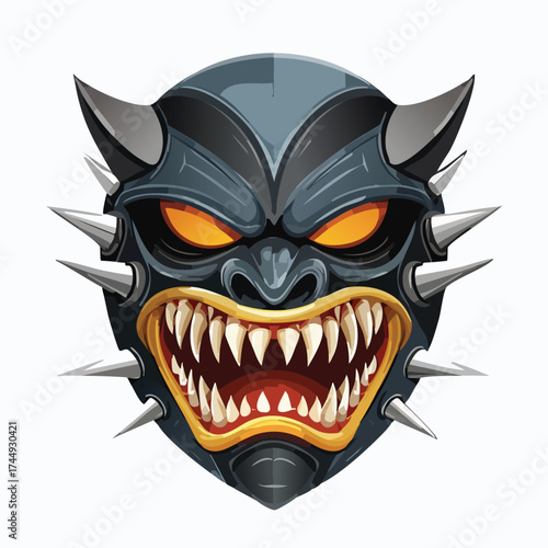 Grinning demonic metal mask with sharp teeth