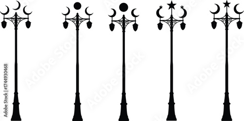 Decorative vintage street lamp silhouettes with crescent moon and star symbols, Islamic ornamental lamp post design, vector illustration for architecture and culture