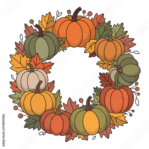 autumn wreath made of pumpkins and colorful fall leaves illustration perfect for thanksgiving harvest and seasonal decoration vector