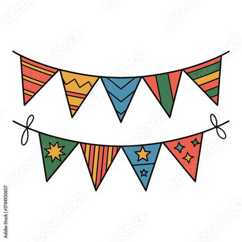 colorful festive party flags hanging on string isolated on white background