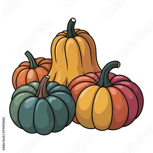 colorful collection of pumpkins and squash isolated on light background
