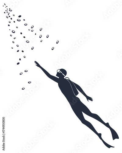 Silhouette of a scuba diver reaching up towards bubbles in the water.