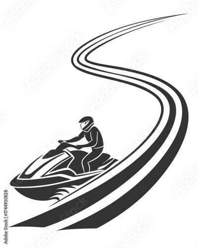Silhouette of a personal watercraft rider speeding and making a sharp, winding turn on the water, leaving a dramatic S-curve wake.