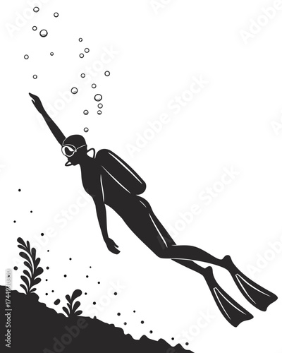 Silhouette of a scuba diver ascending towards the water surface, surrounded by rising bubbles and peaceful underwater elements.