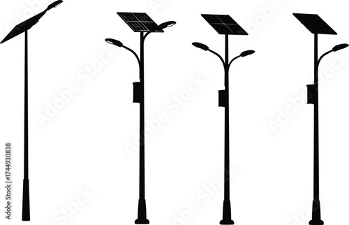 Modern dual arm solar street light pole silhouette, renewable energy outdoor lighting design, eco-friendly solar power illumination technology vector illustration