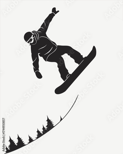 Dynamic silhouette of a snowboarder performing a high-flying jump or trick in mid-air, capturing the excitement of extreme winter sports.
