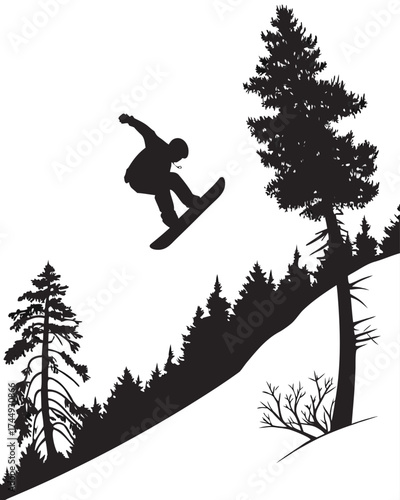Silhouette of a snowboarder jumping high over a slope with pine trees.
