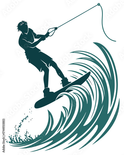 Dynamic silhouette of a wakeboarder riding a stylized blue wave.