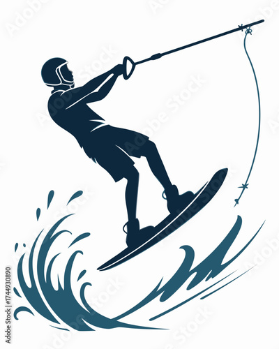 Dark silhouette of a wakeboarder carving on the water with spray and waves.