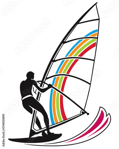 Stylish silhouette of a windsurfer with a vibrant rainbow-striped sail representing dynamic summer water sports and recreation.