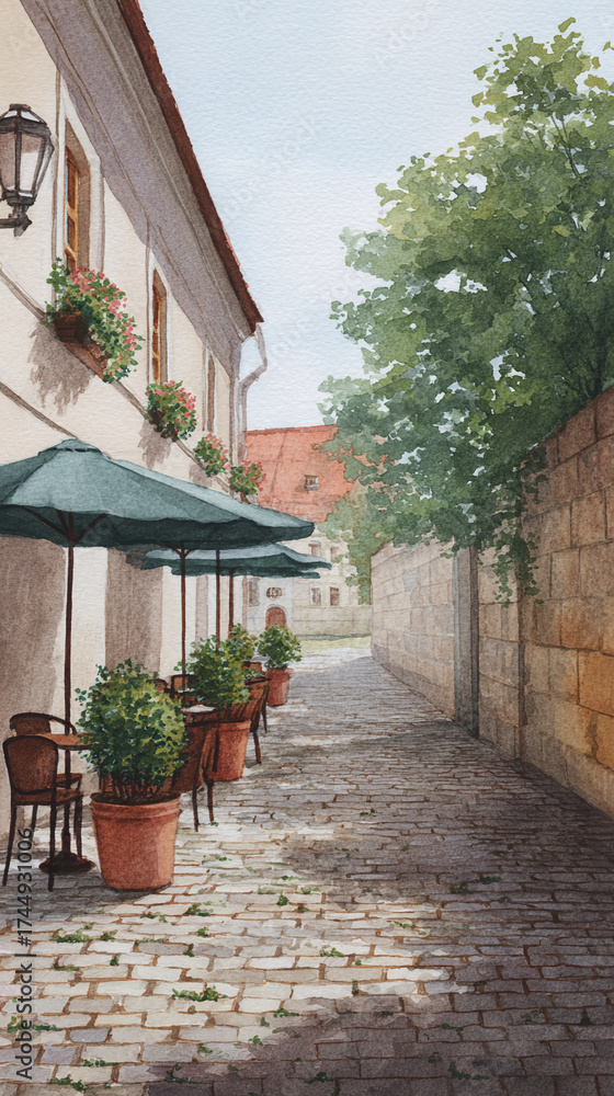 Fototapeta premium Discover the Charm of a Quaint Courtyard Café: A Perfect Blend of Tranquility and Rustic Elegance in an Inviting Outdoor Setting