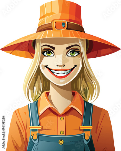 Happy farmer girl wearing hat and overalls