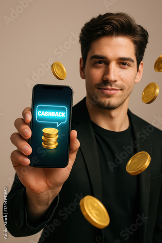 Cashback Delight: A man holds a mobile phone displaying a cashback message, complemented by gold coins. This scene captures the essence of financial rewards and smart shopping.