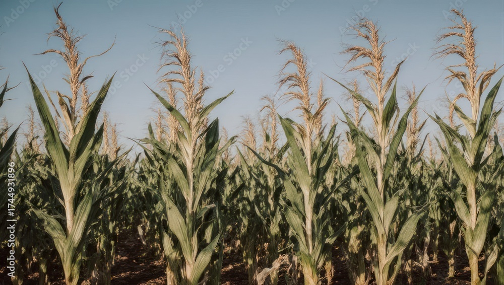 Fototapeta premium Tall Corn Stalks Growing in a Field Under a Clear Blue Sky.