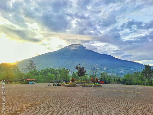 Majestic view of mount sumbing volcano at sunrise from kledung pass