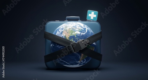 Earth secured in a medical kit with a seatbelt, symbolizing global healthcare and safety
