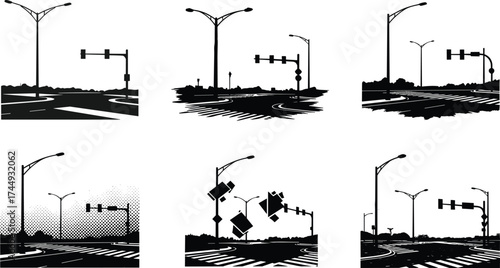 street, intersection, traffic, light, lamp, pole, silhouette, urban, road, crosswalk, signal, electricity, infrastructure, city, architecture, design, vector, illustration, public, lighting, equipment