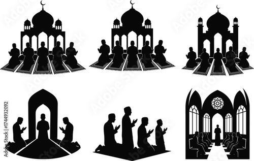 Prayer silhouette illustration, mosque and church worship, religious figures, Islamic and Christian devotion, black shapes, spiritual scene, faith expression, holy architecture