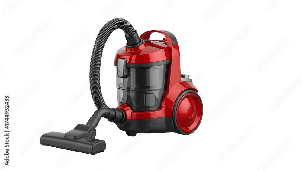 Fototapeta premium Red canister vacuum cleaner for home cleaning and floor care appliance for dust and dirt removal tool on transparent background