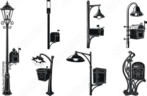 street, lamp, mailbox, silhouette, lantern, decorative, vintage, modern, pole, urban, outdoor, illumination