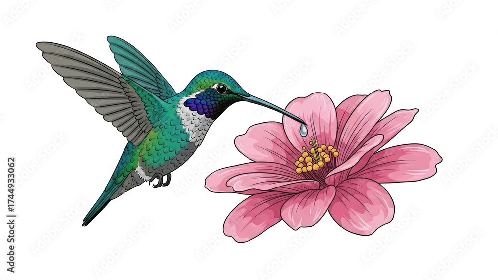 Fototapeta premium Hummingbird Feeding on Pink Flower in Vibrant Garden (1)