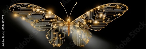 Digital circuit butterfly illuminated with golden led glow on black background
