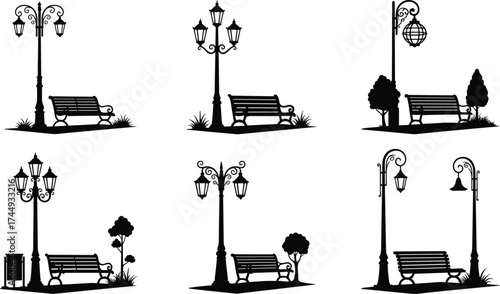 park, bench, street, lamp, silhouette, lantern, decorative, urban, outdoor, illumination, electricity