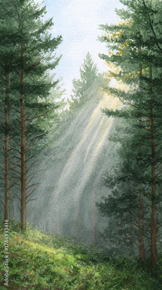 Obraz premium Breathtaking Forest Scene Illuminated by Sunlight: A Serene Nature Escape Captured in Watercolor Art that Invites You to Explore and Breathe in the Beauty of the Wilderness.