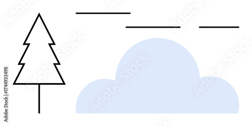 Pine tree outline next to a soft blue cloud, accented by horizontal abstract lines. Ideal for nature, simplicity, minimalism, tranquility, eco-friendly, outdoor themes, simple flat metaphor