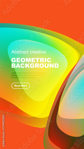 Vibrant abstract shapes overlap, creating dynamic geometric background. Bright colors blend smoothly, offering modern design element.