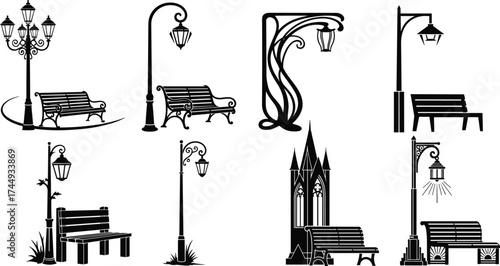 park, bench, street, lamp, silhouette, lantern, decorative, urban, outdoor, illumination, electricity