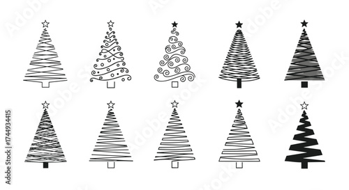 Ten abstract hand drawn christmas trees in a sketchy style.