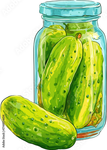 Fresh cucumbers in a clear jar preserved for a tasty snack or garnish isolated on transparent background. Vector illustration.
