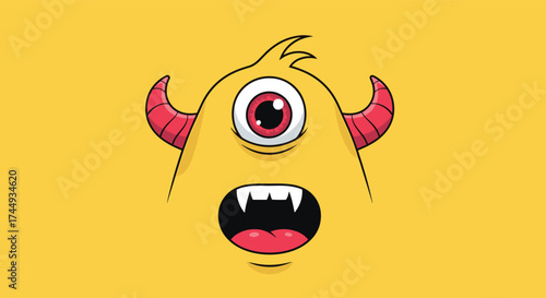 A close up of a yellow cartoon monster with one eye and horns.