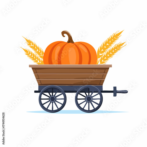 Wooden cart with a large pumpkin and wheat for the autumn harvest festival celebration