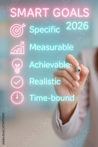 SMART Goals 2026: A hand gracefully traces the outline of SMART goals on a transparent surface, representing the path towards the future.