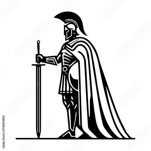 Ancient General in Armor, Spartan Warrior with Sword and Shield