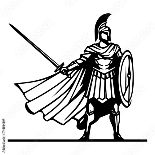 Ancient General in Armor, Spartan Warrior with Sword and Shield