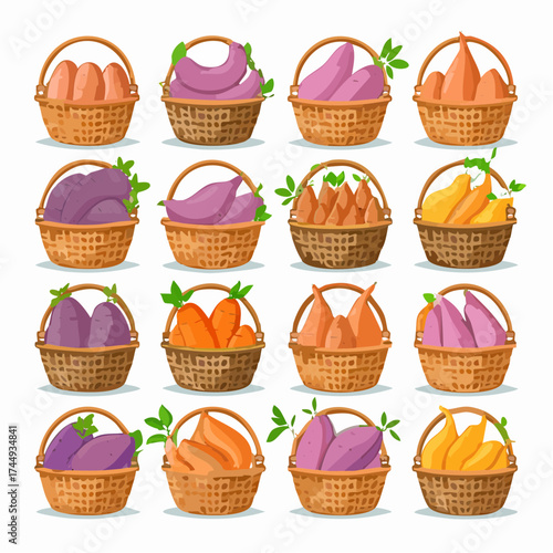 Artistic illustration of diverse wholesome root vegetables and tubers, neatly presented in a grid of natural woven baskets