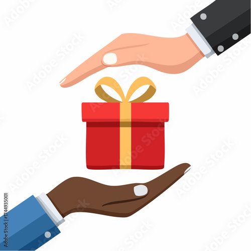 Two hands offering and receiving a red gift box with a yellow ribbon, symbolizing generosity and appreciation