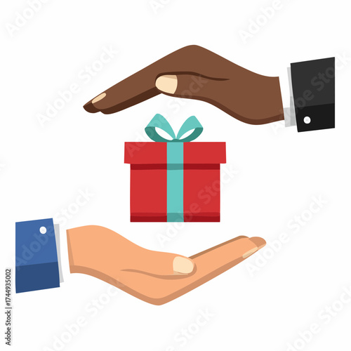 Diverse hands protecting and presenting a valuable gift box, symbolizing care, generosity, and inclusive community support