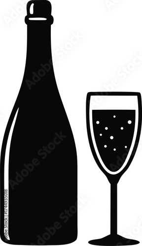  bottle of champagne and a glass of winealcohol silhouette vector