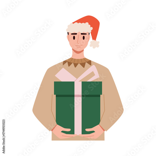 Man in Hat with Christmas Present. Holiday Winter Concept. Flat Vector Illustration.