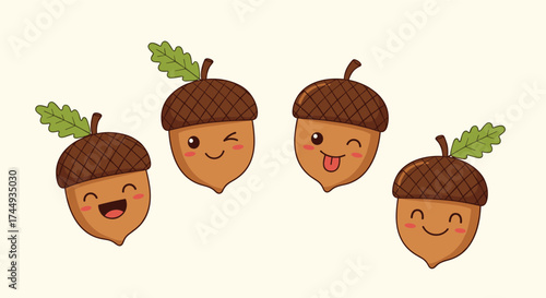 Cute acorns with happy faces on a cream background.
