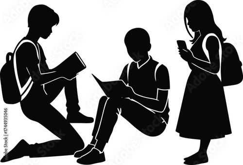 a bunch of teens hanging out after school. One girl is checking out a book while her boyfriend is listening, another girl is busy texting on her phone silhouette vector