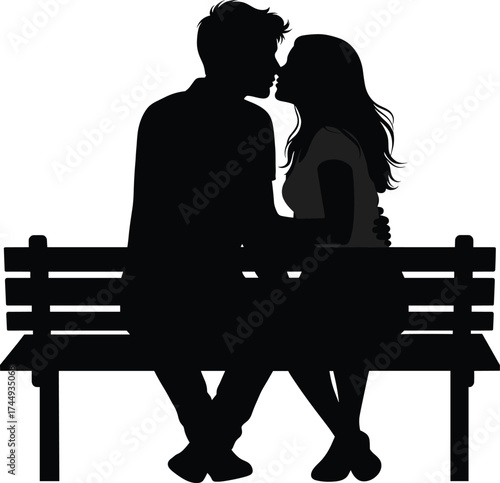Romantic couple sitting on bench silhouette, emotional moment, love scene, vector illustration, black and white artwork, intimacy concept